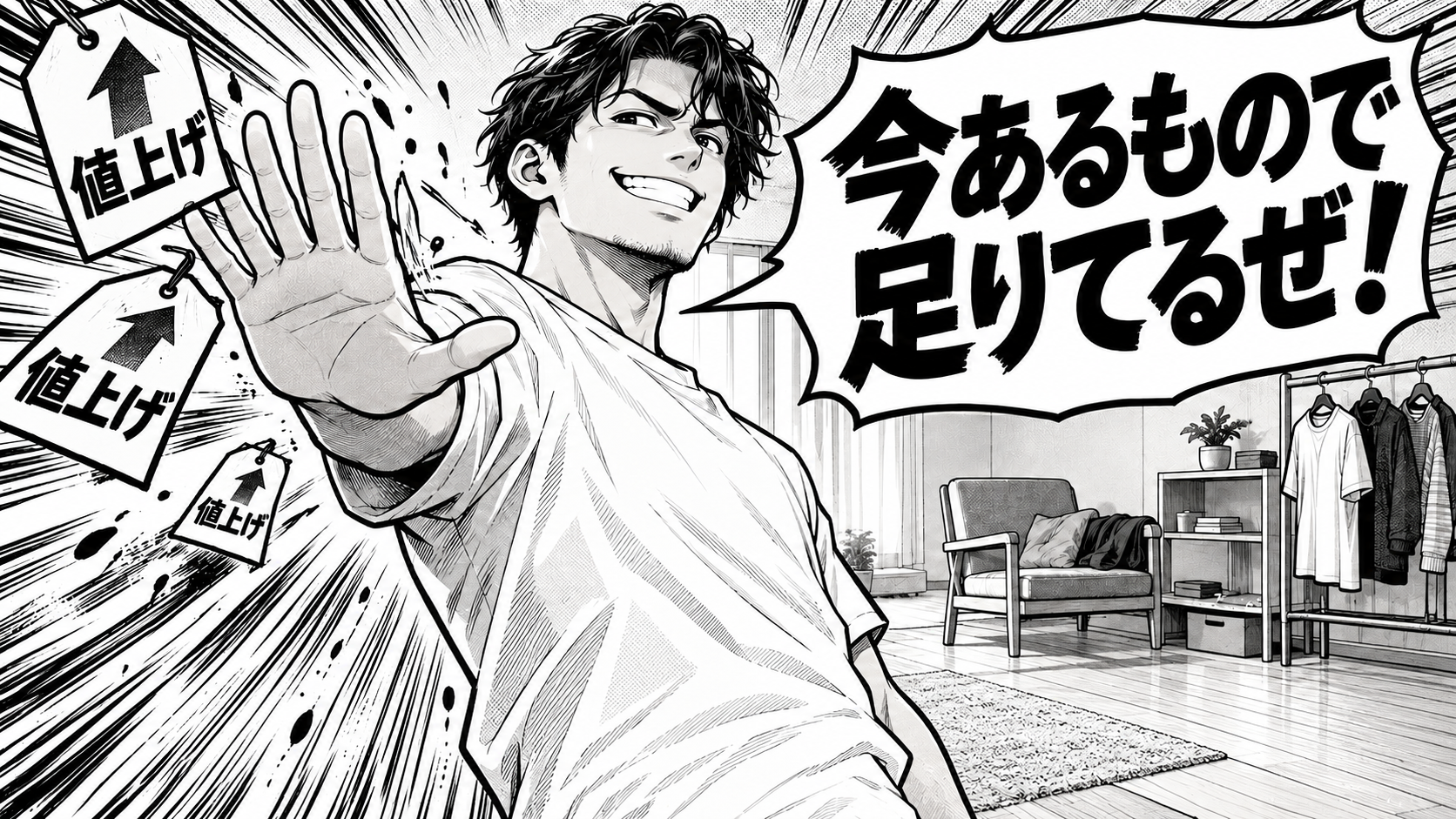 「今あるもので足りてるぜ！」と値上げを拒む、白黒漫画風のミニマリスト