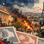 フランス国債、上昇する金利線、街路の炎と公共施設を組み合わせた概念的な生成イラスト。