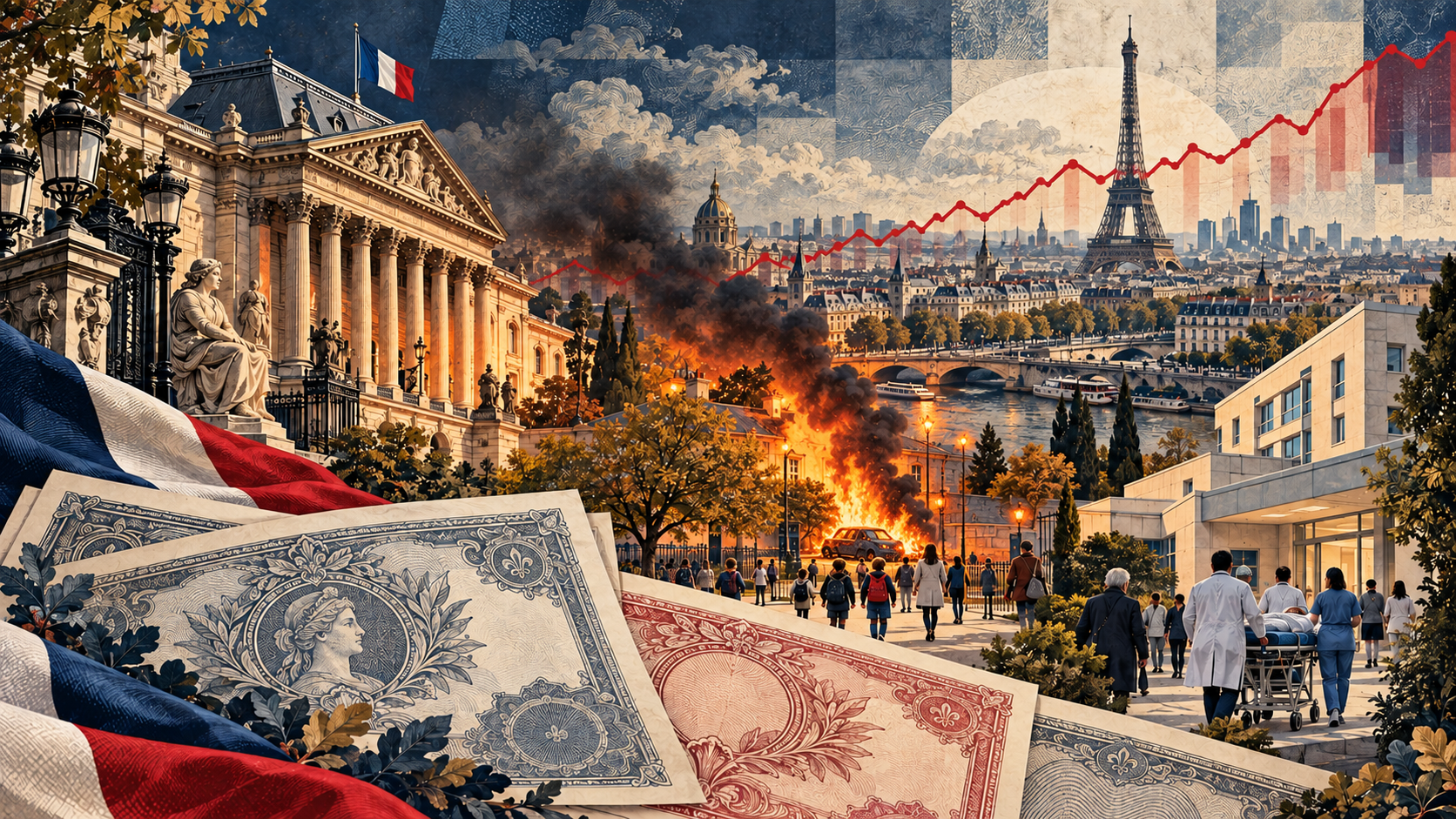 フランス国債、上昇する金利線、街路の炎と公共施設を組み合わせた概念的な生成イラスト。